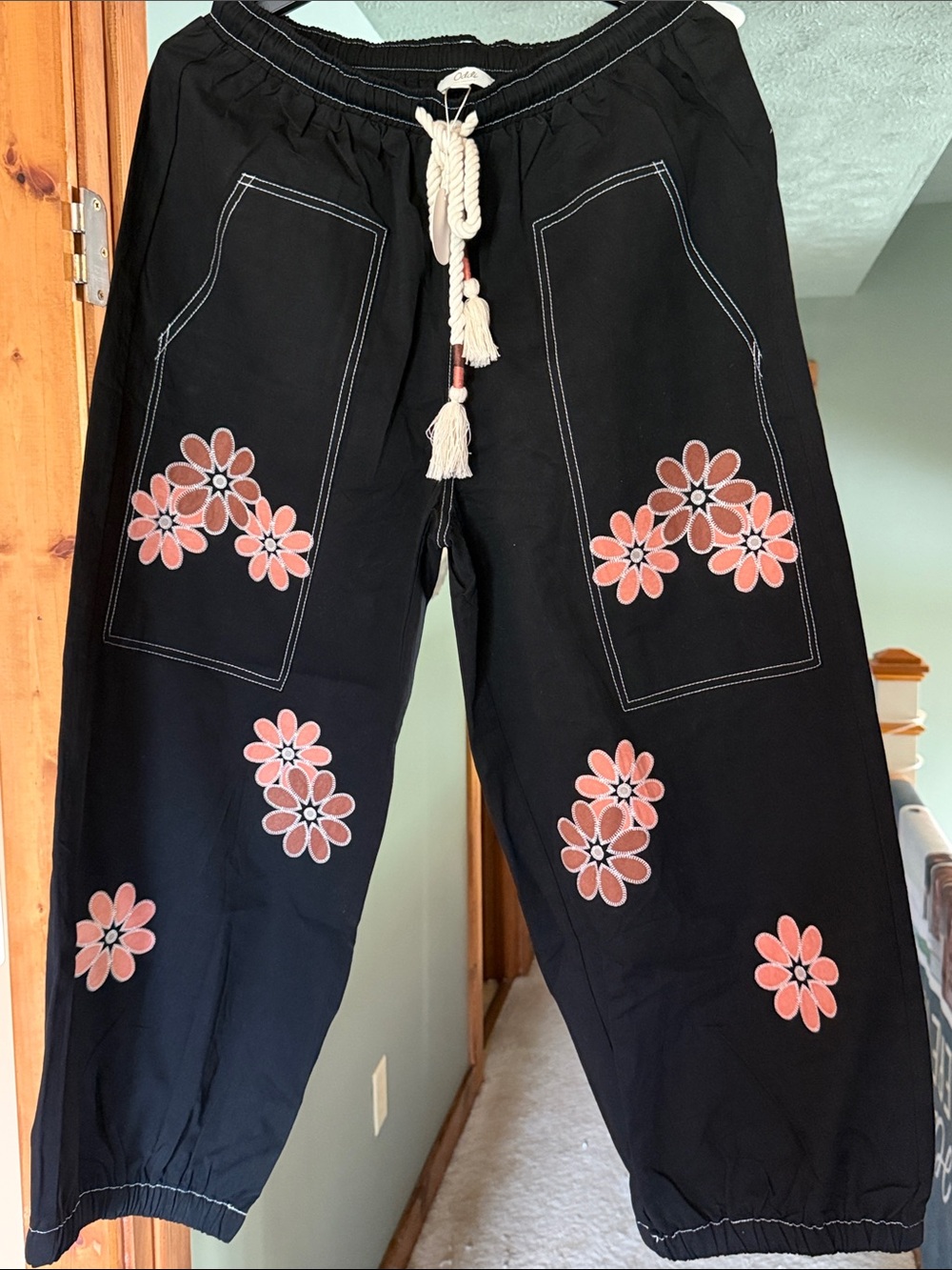 Oddi Black and FloralDrawstring Bottoms with Rope Detail